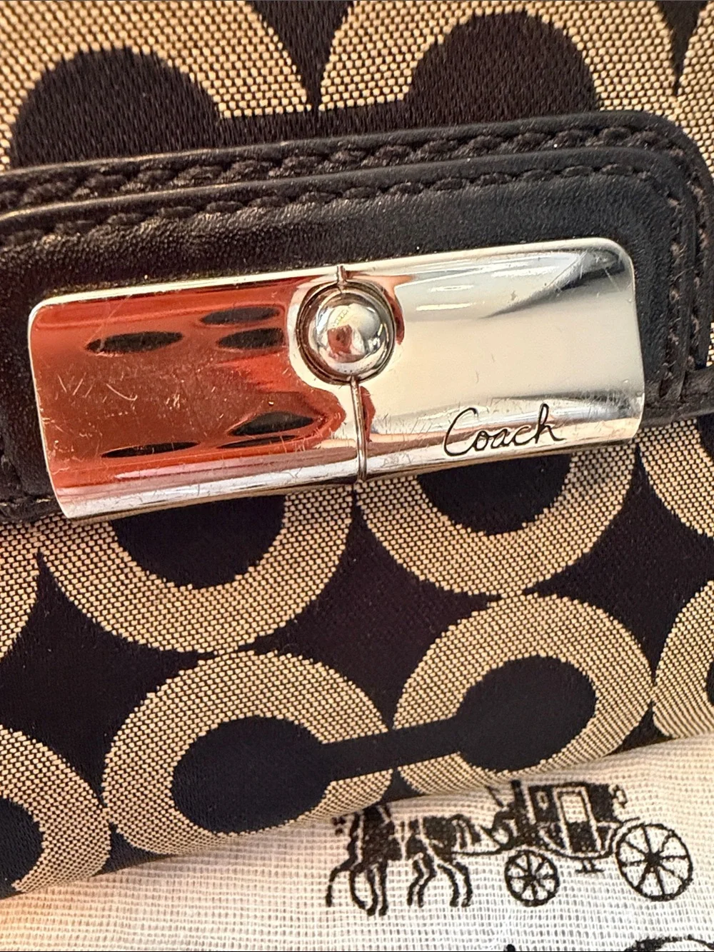 COACH Kristen Black and Khaki Op Art Jacquard Tri-Fold Wallet w/Dustbag